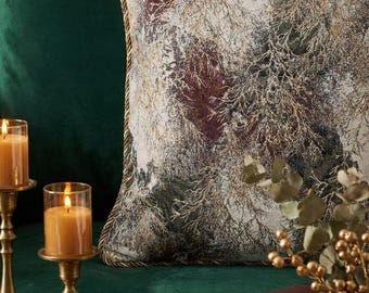 Abstract Gold Lurex Jacquard Cushion Cover, Textured Earth Tone Pillow Case, Modern Living Room Decor, Elegant Twisted Cord Trim Gift