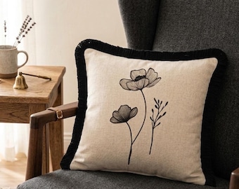 Minimalist Floral Velvet Pillow Cover with Black Fringe, Beige Line Art Flower Cushion Case, Modern Monochrome Throw Pillow for Living Room