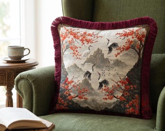 Funda de almohada de terciopelo con estampado de grullas de estilo chinoiserie, cojín tapiz con paisaje asiático, cojín decorativo burdeos con flecos, decoración oriental para habitaciones con temática de aves.