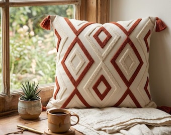 Geometric Punch Needle Pillow Cover, Terracotta Diamond Tufted Cushion with Tassels