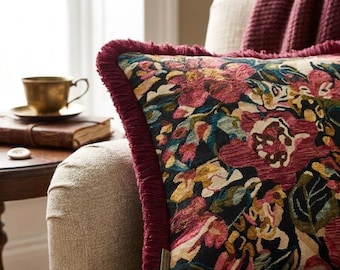 Dark Floral Velvet Pillow Cover with Burgundy Fringe, Vintage Botanical Tapestry Cushion Case, Maximalist Moody Living Room Decor