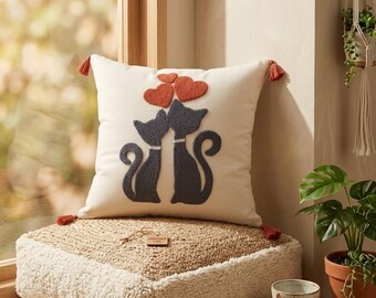 Romantic Cat Punch Needle Pillow Cover, Tufted Grey Cats Cushion, Boho Tassels Throw Pillow