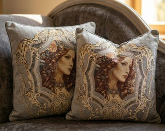 Vintage Style Embroidered Viscose Chenille Floral and Woman Throw Pillow Cover, Elegant Lurex Cushion Case, Shabby Chic Couch Decor Room Art