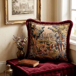 May include: A square throw pillow featuring a woven tapestry scene of figures in a landscape with trees and hills. The pillow is bordered by a deep burgundy velvet fringe and rests on a tufted burgundy cushion, accompanied by a vintage book.