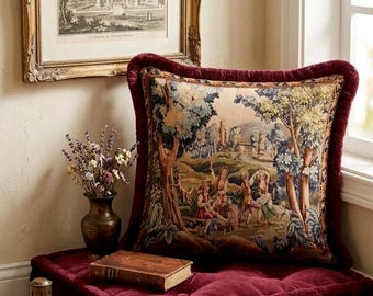 Vintage Tapestry Printed Throw Pillow with Fringe Edge,Baraque Style Cushion Cover,Renaissance Pastoral Scene,Boho Decor.Decorative Cushion
