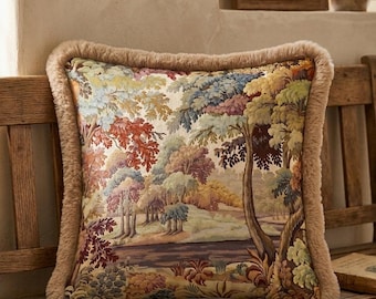 Vintage Forest Tapestry Pillow Cover with Fringe, Gobelin Landscape Cushion