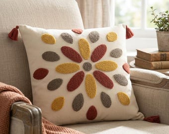 Floral Mandala Punch Needle Pillow Cover, Autumn Tassels Boho Cushion