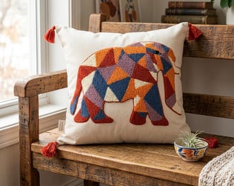 Geometric Elephant Punch Needle Pillow Cover, Colorful Tufted Cushion with Rust Tassels