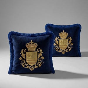 Puede incluir: Dos cojines cuadrados de terciopelo azul marino con escudos bordados en hilo dorado que presentan un motivo de corona y flor de lis. Cada coj&iacute;n est&aacute; rematado con un fleco azul marino a juego en los bordes, aportando un acabado texturizado.