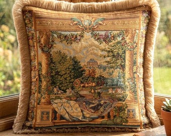 Vintage Tapestry Pillow Cover with Fringe, French Country Decorative Cushion, Cottagecore Throw Pillow,Printed Gobelin Cushion Cover