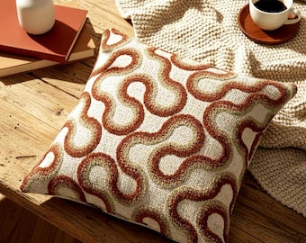 Rust Wavy Pillow Cover, Retro Abstract Cushion, Terracotta Geometric Case, Boho Accent Pillow, Mid Century Modern Decor, Textured Sofa Throw