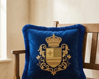 Navy Blue Velvet Pillow Cover, Gold Royal Crest Cushion, Coat of Arms Throw Pillow, Old Money Decor, Fringed Accent Cover