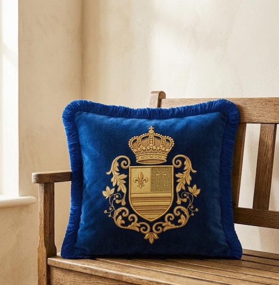 Navy Blue Velvet Pillow Cover, Gold Royal Crest Cushion, Coat of Arms Throw Pillow, Old Money Decor, Fringed Accent Cover