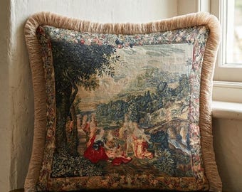 Vintage Pastoral Tapestry Velvet Pillow Cover, Renaissance Landscape Cushion, Beige Fringe Throw Pillow, French Country Decor