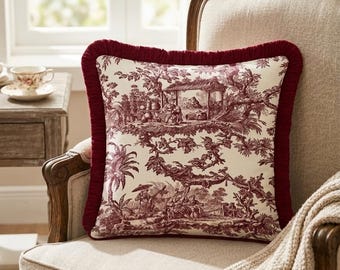 Vintage Toile de Jouy Velvet Pillow Cover with Burgundy Fringe, Classic Chinoiserie Cushion Case, Elegant French Country Decor