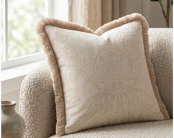 Neutral Tapestry Pillow Cover, Beige Fringe Cushion, Cream Paisley Throw Pillow, Modern Minimalist Home Decor