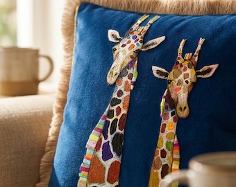 Dark Blue Velvet Giraffe Pillow Cover Luxury Fringe Cushion Cover Animal Print Throw Pillow Modern Sofa Decor Decorative Cushion Case