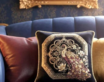 Luxury Navy Black Peacock Pillow Cover, Gold Lurex Tapestry Cushion, Elegant 20x20 Velvet Case, Royal Bird Home Decor, Unique Gift For Her