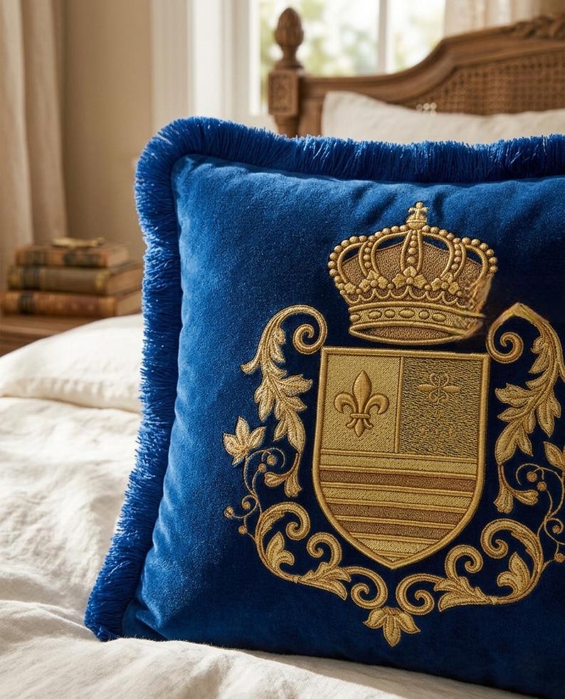 Puede incluir: Un coj&iacute;n cuadrado de terciopelo azul con un escudo bordado en hilo dorado que presenta una corona y una flor de lis. El coj&iacute;n est&aacute; rematado con un fleco azul a juego en los cuatro bordes, creando un borde texturizado alrededor del dise&ntilde;o.