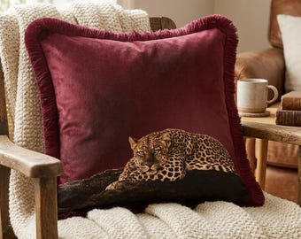 Leopard Tapestry Pillow Cover, Burgundy Fringe Cushion, Exotic Animal Throw Pillow, Maximalist Safari Room Decor