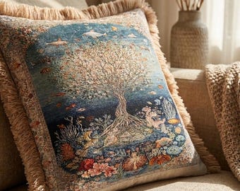 Funda de almohada de terciopelo con el Árbol de la Vida, cojín tapiz surrealista con motivos oceánicos, cojín decorativo maximalista con flecos, decoración ecléctica y original para la habitación.