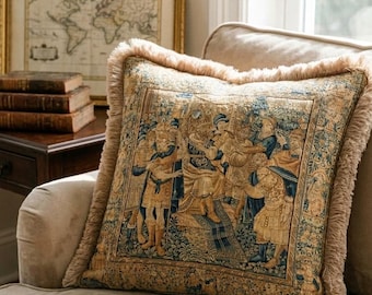 Vintage Tapestry Velvet Pillow Cover, Medieval Scene Cushion, Renaissance Art Throw Pillow, Dark Academia Decor, Fringed Accent Cover