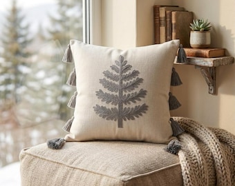 Punch Needle Fern Leaf Pillow Cover, Boho Botanical Tassels Cushion, Rustic Natural Home Decor