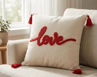 Red Script Love Punch Needle Pillow Cover with Tassels, Romantic Tufted Cushion Accent