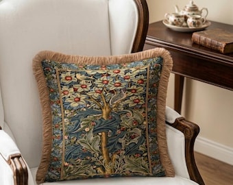 William Morris Style Tapestry Pillow Cover, Faux Fur Trim Cushion, Botanical Bird Throw Pillow, Vintage Cottagecore Room Decor