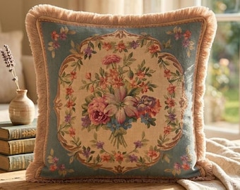 Luxury Floral Fringe Needle Pillow Cover | Vintage Style Velvet Fringe Cushion | Cottagecore Decor | Decorative Throw Pillow