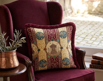 Oriental Tapestry Pillow Cover, Burgundy Fringe Cushion, Persian Medallion Throw Pillow, Bohemian Maximalist Home Decor