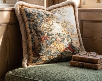 Funda de cojín de tapiz vintage con flecos, cojín decorativo de estilo campestre francés, cojín decorativo cottagecore, funda de cojín Gobelin estampada