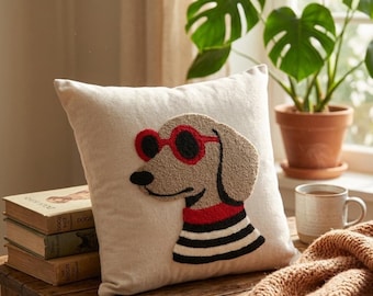 Handmade  Punch Needle Dog Pillow Eclectic White Throw Pillow,Funky Animal Cushion, Pop Art Home Decor, Nursery Cushion.43cmx43cm