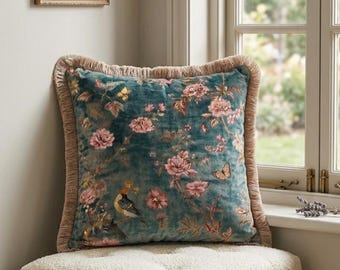 Teal Velvet Botanical Pillow Cover, Birds Butterflies Floral Tapestry Cushion Fringe