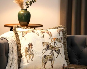 Jacquard Chenille Horse Pattern Cushion Cover, Equestrian Throw Pillow, Beige Animal Print Case, Fringed Decorative Pillow, Rustic Decor