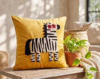 Handmade  Punch Needle Zebra Pillow,Eclectic Yellow Throw Pillow,Funky Animal Cushion,Pop Art Home Decor,Nursery Cushion.43cmx43cm