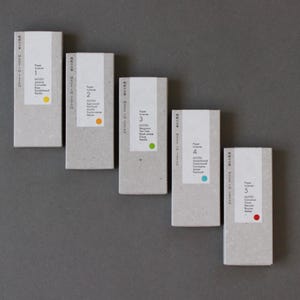 Peut inclure: Cinq boîtes rectangulaires avec des étiquettes blanches et des points colorés, numérotées de 1 à 5. Les boîtes sont de couleur gris clair et sont disposées en diagonale sur une surface grise. Chaque boîte contient du texte en langue étrangère.