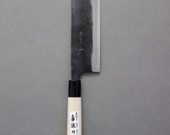 Cuchillo japonés Nakiri de 165 mm con acabado Kurouchi, cuchillo para verduras de doble bisel, cuchillo de cocina tradicional con hoja de hierro, fabricado en Japón.