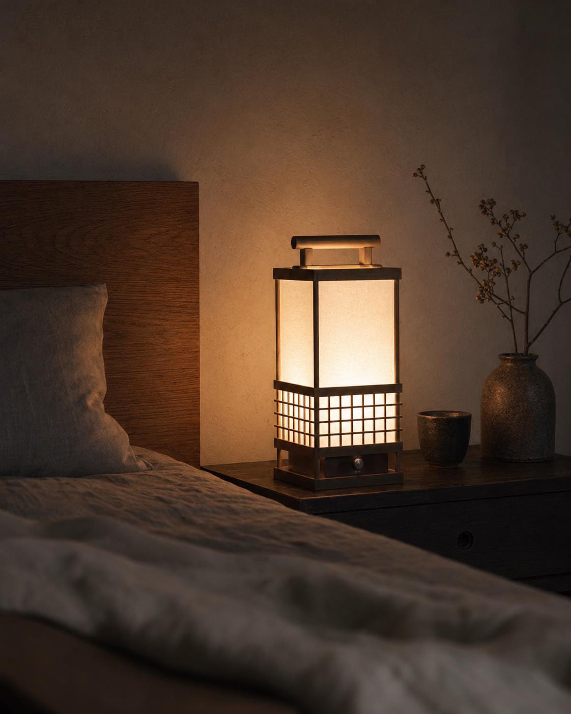 Japanese Hinoki & Washi Lantern Lamp | Motion Sensor LED Night