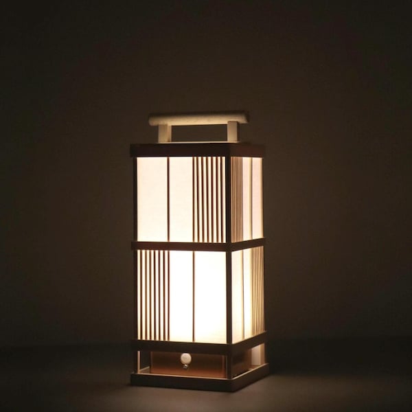 Japanese Hinoki and Washi Lantern Lamp, Motion Sensor LED, Cordless Bedside Light, Vertical Lattice, Made in Japan