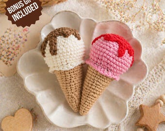 Patrón de helado de ganchillo en PDF, juguete de comida amigurumi, juguete de peluche DIY ideal para principiantes