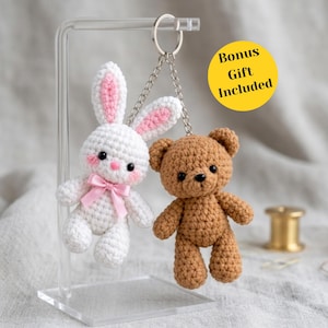 Crochet Bunny and Teddy Bear Keychain Pattern PDF | amigurumi keychains patterns | keychain Bag Charm