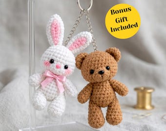 Crochet Bunny and Teddy Bear Keychain Pattern PDF | amigurumi keychains patterns | keychain Bag Charm