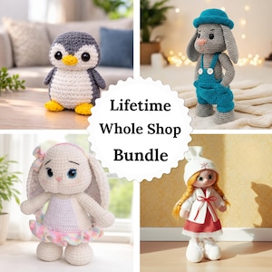 May include: A collection of four crocheted dolls: a penguin, a bunny, a rabbit, and a girl. The penguin is gray and white with yellow feet. The rabbit wears blue overalls and a hat. The bunny has a pink skirt. The girl wears a red dress and white coat. Text reads "Lifetime Whole Shop Bundle."