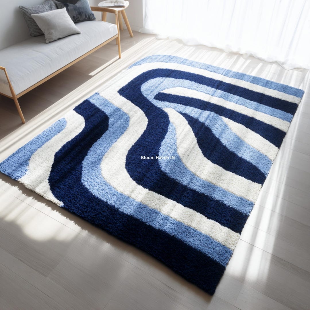 Blue Wavy Pattern Rug Blue & White Wave Pattern Plush Rug for Living Room | Modern Soft ...
