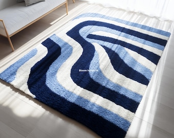 Blue & White Wave Pattern Plush Rug for Living Room | Modern Soft Abstract Carpet Home Decor