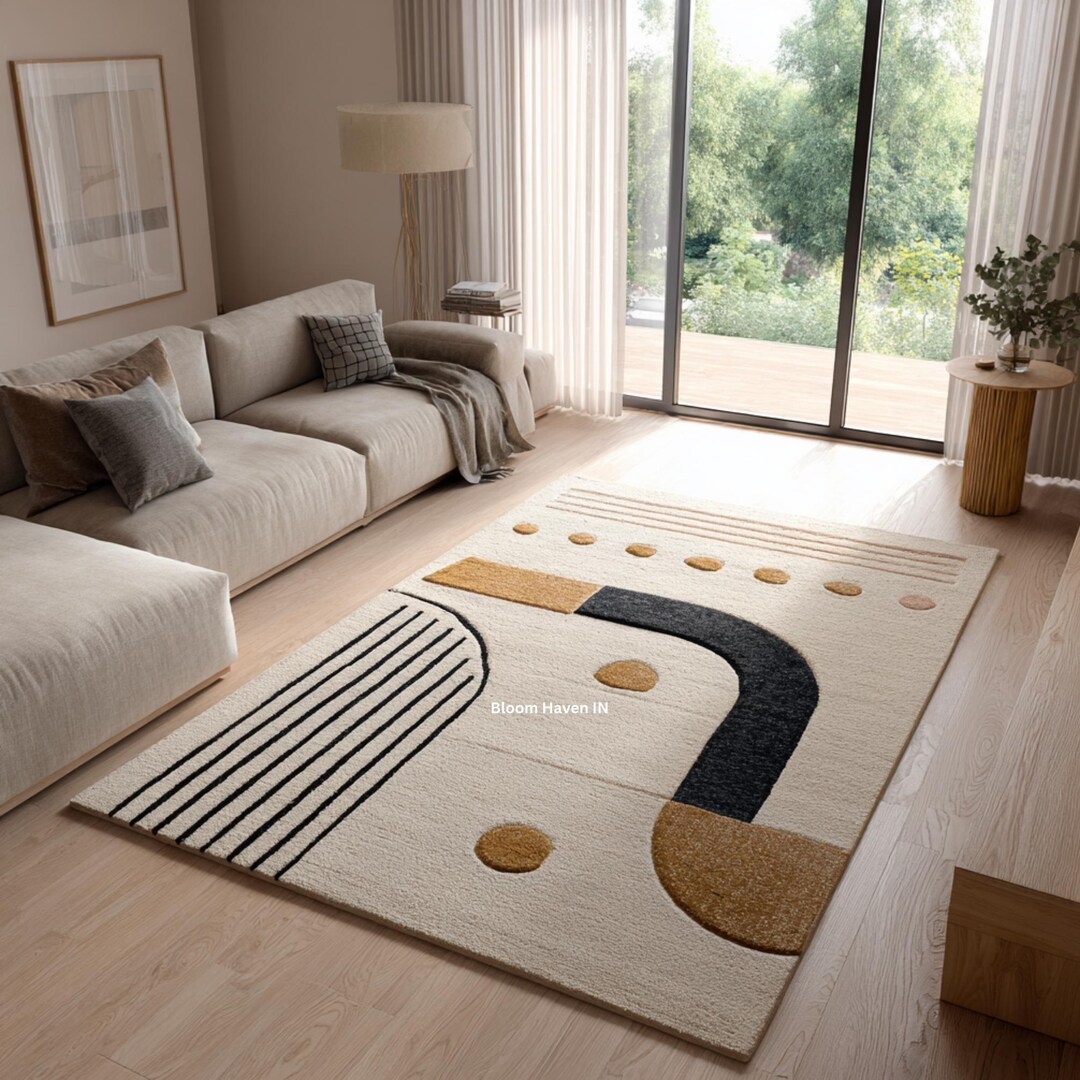 Modern Abstract Curve Rug | Beige, Black Mustard | Minimal Geometric ...