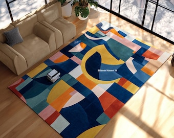 Hand-Tufted Wool Area Rug | Colorful Abstract Geometric Carpet
