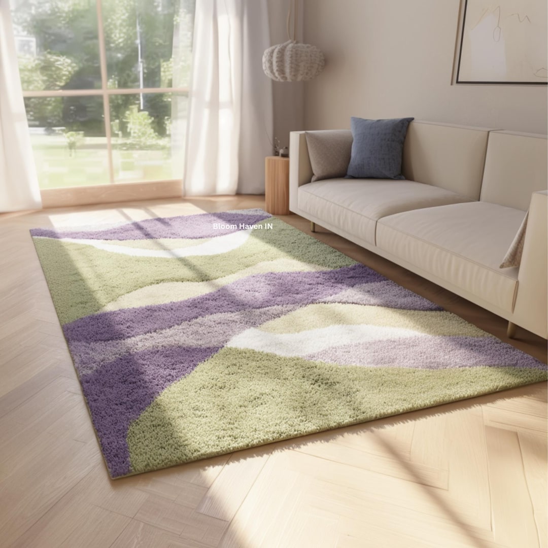 Pastel Wave Plush Rug for Living Room | Purple, Green Soft Abstract ...