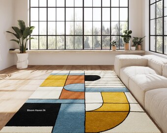 Bold Geometric Color Block Area Rug | Modern Graphic Living Room Carpet | Artistic Contemporary Home Decor